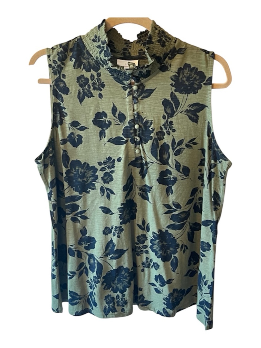 J Jill Sleeveless Ruffle Mock Neck Green Navy Floral Top NWT NEW Sz Large